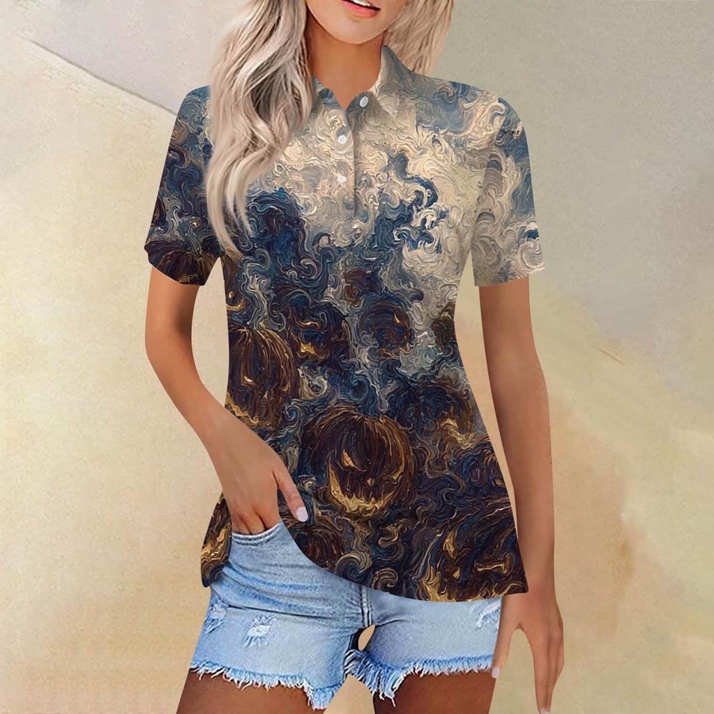 Women's Fashion Casual Lapel Short Sleeve Printed Shirt Women's Button Up Tops