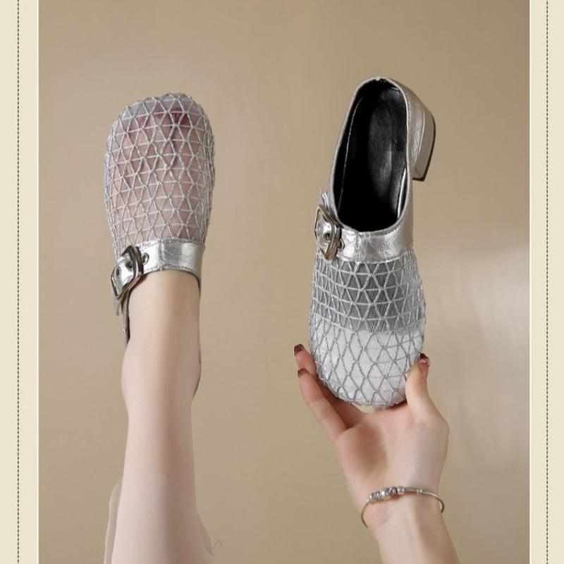 

Летняя обувь с круглым носком, пряжками, повседневные и удобные женские балетки с вырезами, туфли Мэри Джейн, туфли-сетка 35 серебряный
