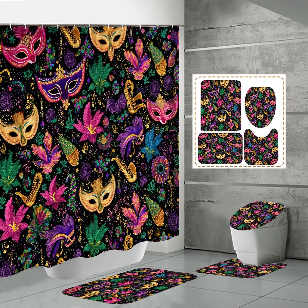 4 STÜCKE Duschvorhangsets Mit Duschvorhang Und Teppichen Toilettendeckelteppich U-Form Matte Und Badematte Badezimmerset Mit 12 Haken