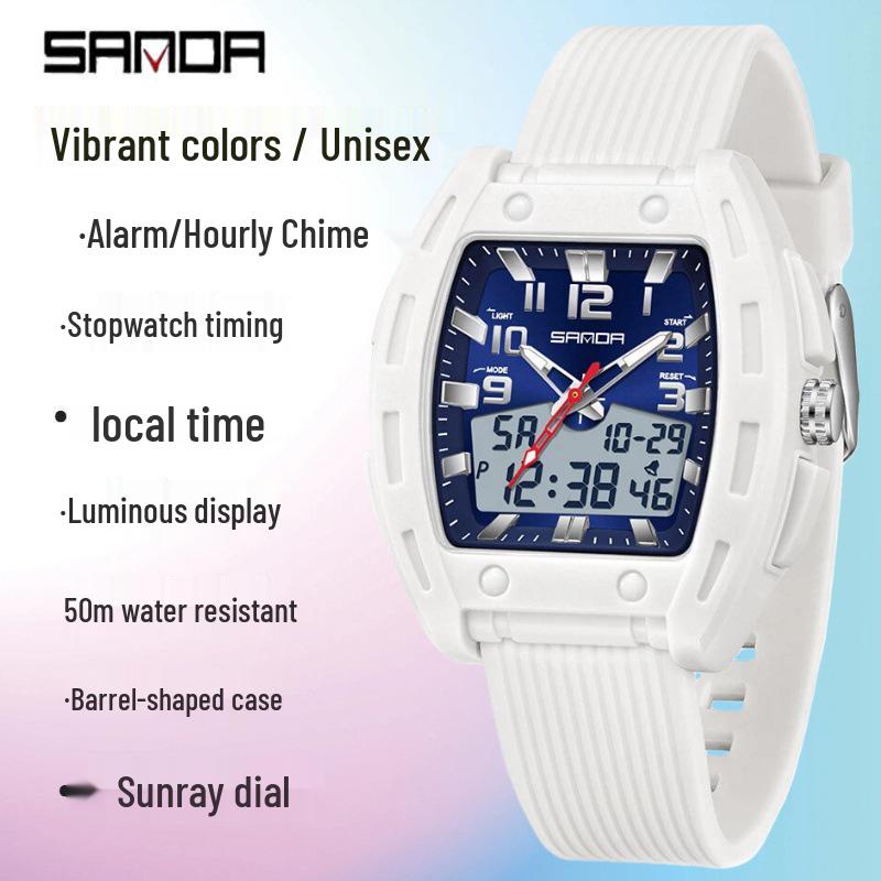 SANDA Men's Waterproof Luminous Sports Watch - Countdown & Multifunctional Barrel-Shaped Electronic Watch with Large Dial