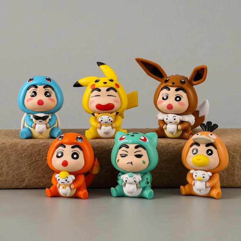 6Pcs/Set Q Version Anime Crayon Shin-chan Figure Shin-chan COS Pokmon Pikachu Action Figure Room Decorations PVC Collection Toy
