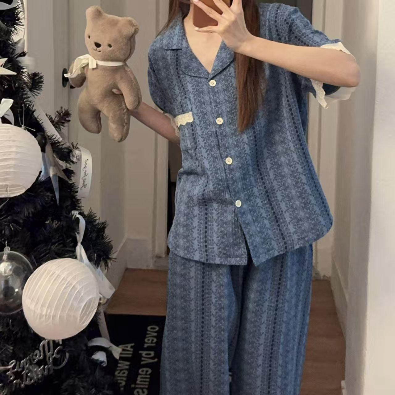 Internet celebrity new blue floral striped pajamas women s summer short-sleeved trousers two-piece set women s casual loungewear S
