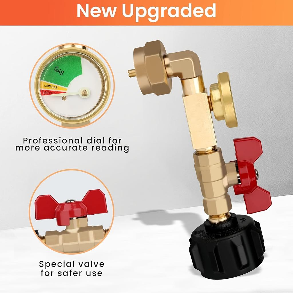 Easy-Fill Propane Refill Adapter with Valve & Gauge - Fits 20lb Tanks, Connects To 1lb Disposable Cylinders for BBQ & Outdoor Cooking