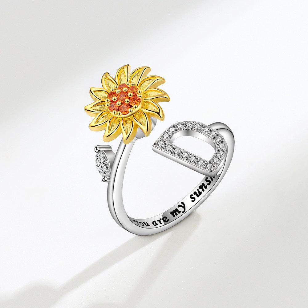 Creative Sunflower Rotating Ring 26 Letters Adjustable Open Design Women's Fashion Finger Jewelry Daily Wear & Gift Accessories