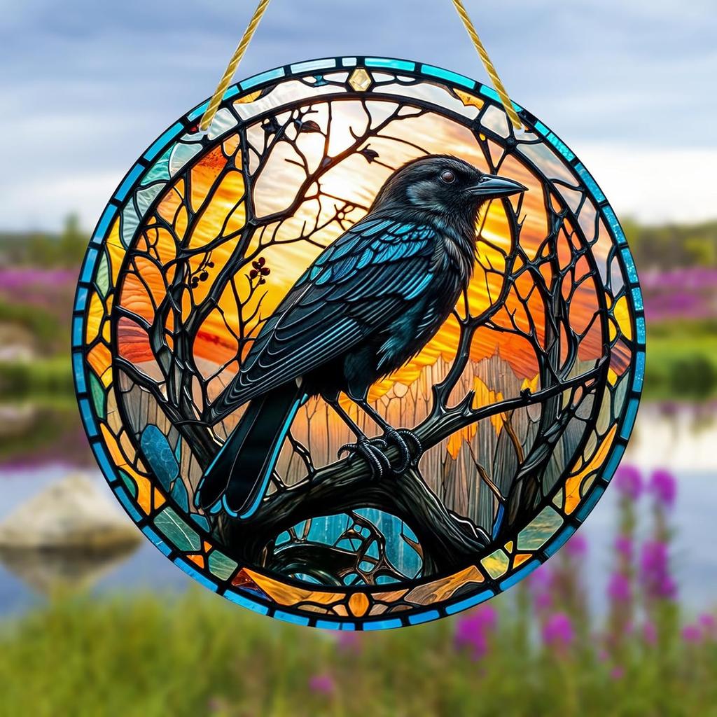 Acrylic Stained Hanging - 1Pcs Black Crow Theme Acrylic Window Hanging for Indoor/Outdoor Decor, Garden Decoration or Housewarming Gift