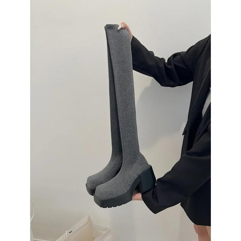 Fashion Women's New Spring Autumn Elastic Socks Boots Long Tube Over Knee Thick Heel Slimming Knit Socks Shoes Polyurethane Sole Rubber