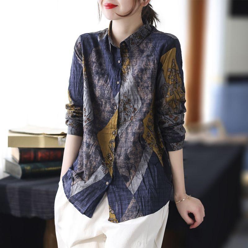 Large Size Loose Artistic Retro Casual Shirt for Women Spring Retro Printed Loose Single Breasted Long Sleeved Top Blouses Shirts