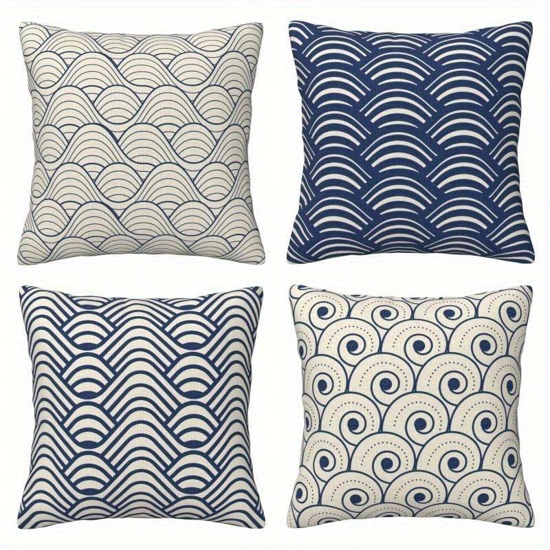 

Elegant Japanese Wave Pattern Pillowcase - Navy & Beige Geometric Print Pillow Cover for Sofa Bedroom Living Room 4PC-45x45cm