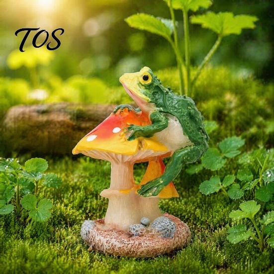 Durable Resin Ornaments for Miniature Gardens Frog on Mushrooms Figurine, DIY Micro Landscape Bonsai Ornament, Small Decorative Accents Potted Plants