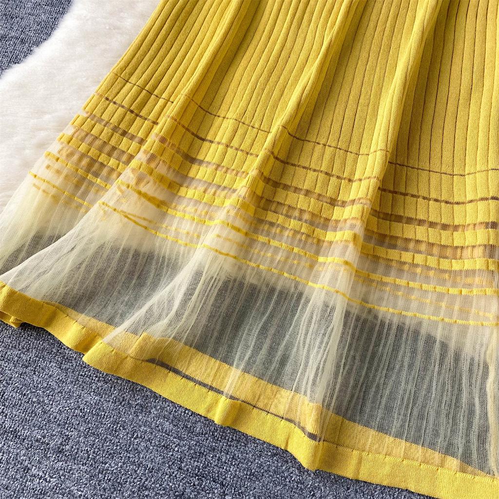 Suéter de punto de manga corta para mujer, vestido largo midi de malla con retazos, estilo dulce de verano