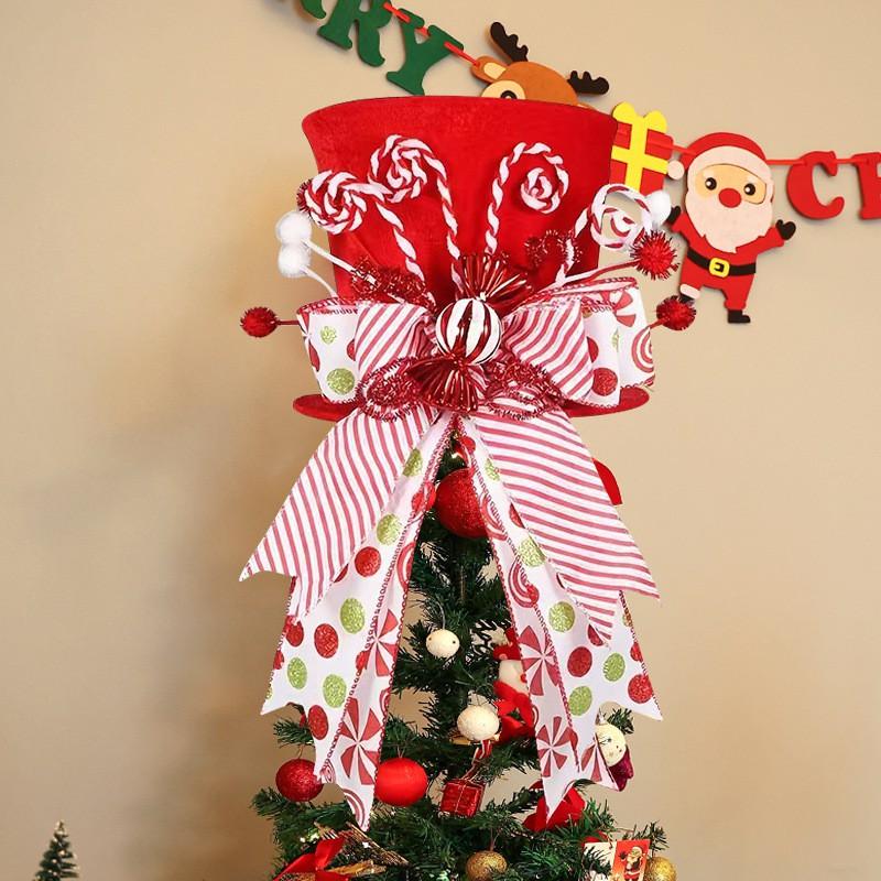 Christmas Tree Topper Hat Xmas Party Decoration Bow Star Cap
