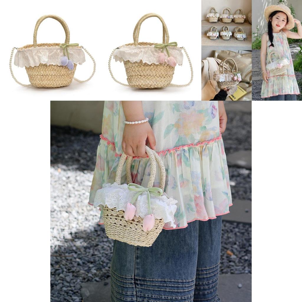 Summer Woven Straw Bag For Kids With Cotton Lining For Beach And Vacation Use