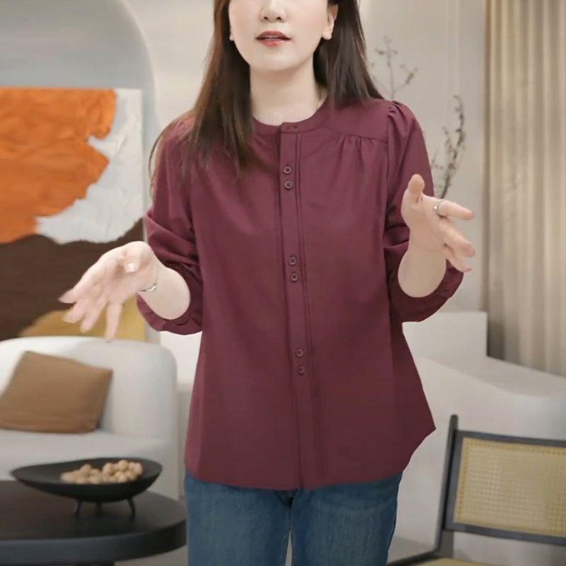 Women's 2025 New Stitched Round Neck Button Fashion Solid Color Versatile Casual Long Sleeve Shirt