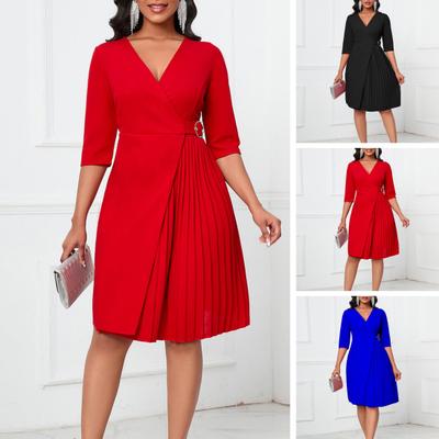2024 Women Fall Spring Dress High Waist V Neck Pleated Asymmetric Hem Half Sleeve Knee Length Solid Color A-line Party Prom Midi Dress OL Commute