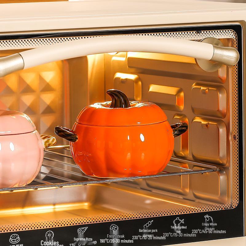 Kürbisförmige Keramik-Suppenschüssel mit Deckel - Großes Doppelohr-Design, Perfekt zum Servieren von Schneckenreisnudeln oder Nudelgerichten