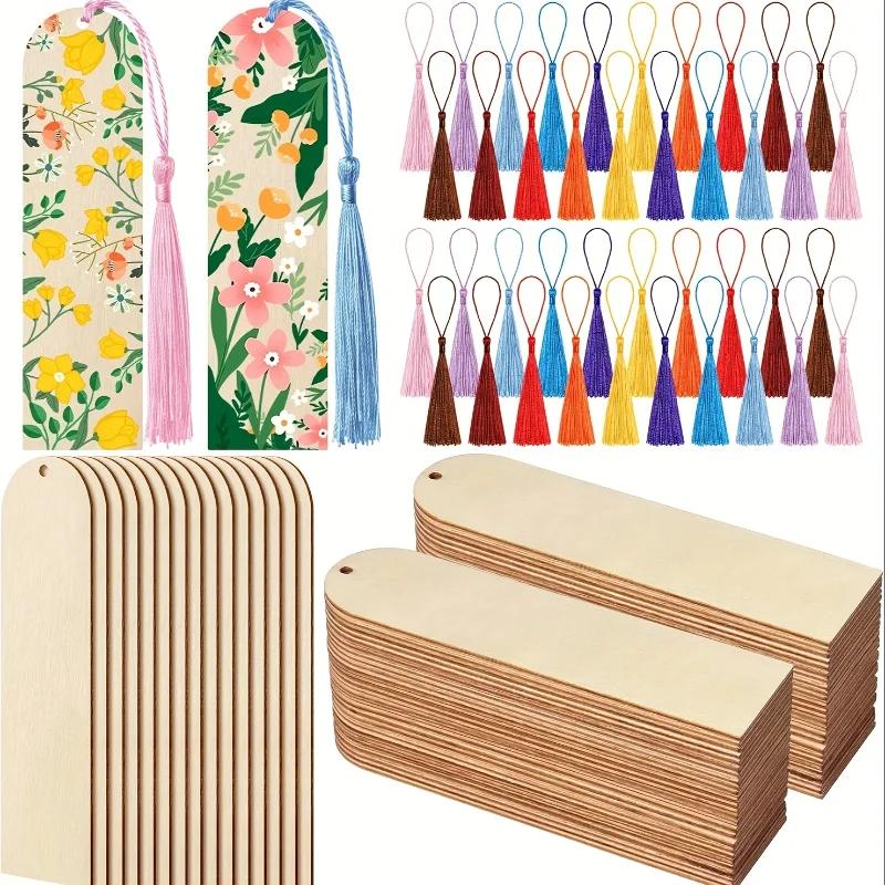 

A Top Quality 20pcs DIY Wooden Bookmark Kit Unfinished Wood Craft Bookmarks with Laser Cut Hooks Square Tags And 12 Tassels