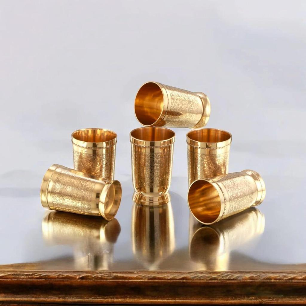 Sklenice/Pohár z čisté mosazi s embosovaným designem pro pití s mnoha zdravotními benefity, Objem-250ML Každý (Sada 6)