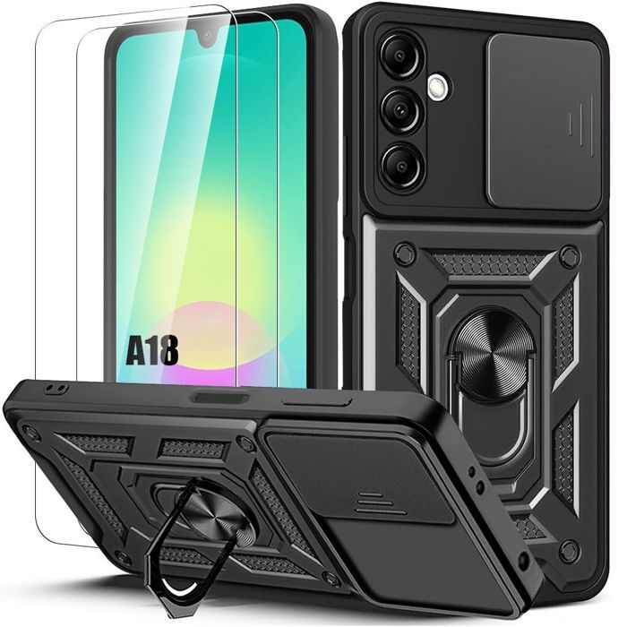 Coque pour Samsung Galaxy A18 4G/5G, avec Cache Caméra Anti-Rayures - Noir - 2 Verres Trempés