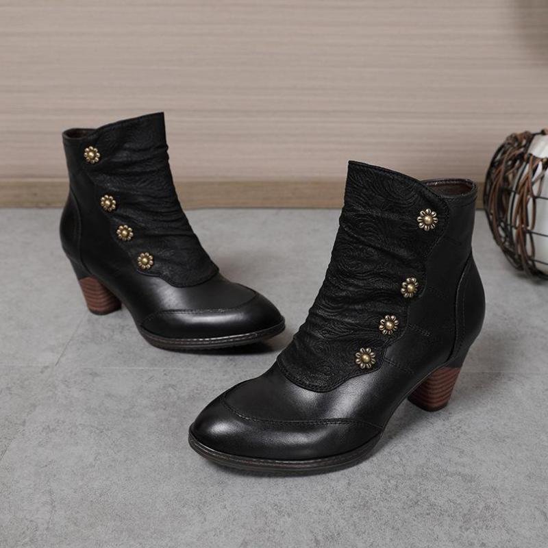 Johnature Patchwork Shoes Women Boots Genuine Leather Cloth Winter Retro Handmade Concise Round Toe Platform Boots