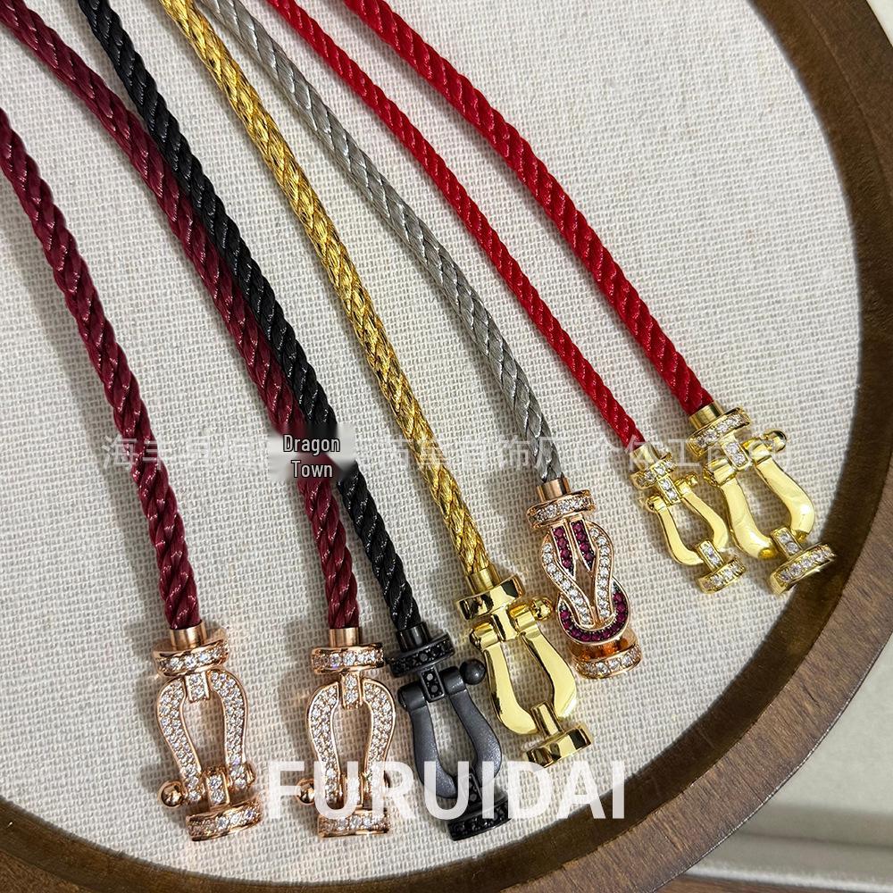 Bracciale Fred Placcato Oro 18k con Ferro di Cavallo Diamantato Zodiaco Corda Rossa - Unisex Stile Fai da Te a Forma di 8