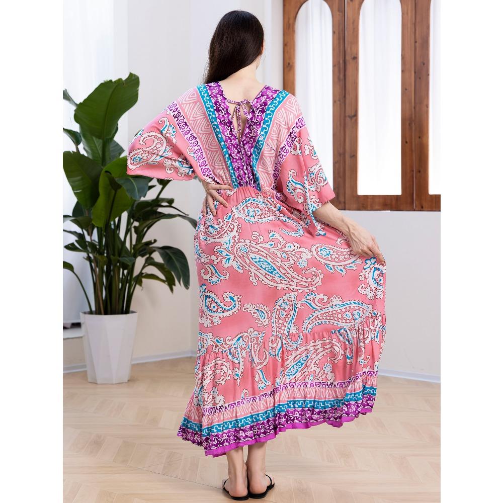 Plus Size Boho Kaftan Dress, Women's Plus Maxi Cover Up Dress