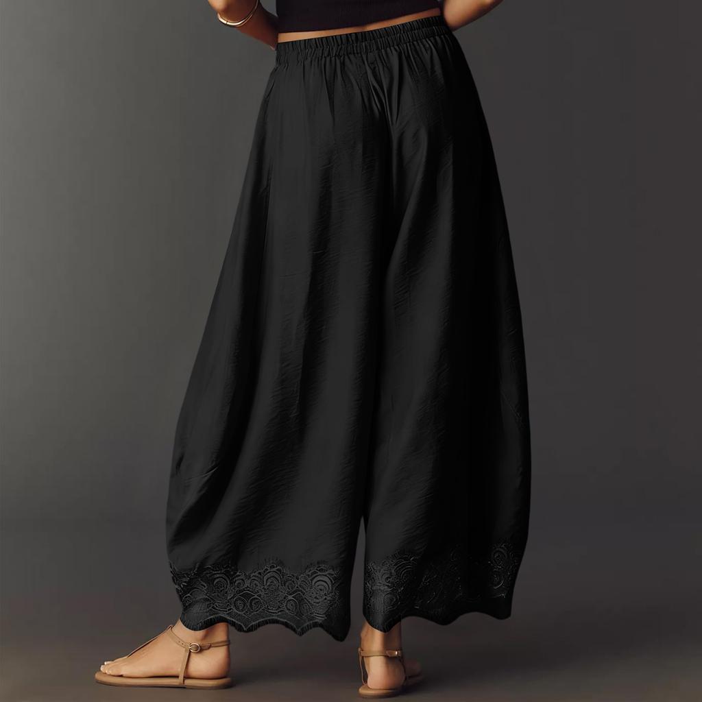 Women Casual Wide Leg Pants Elastic Waistband Drawstring Waist Patchwork Lace Hem Loose Fit Palazzo Trousers for Everyday Wear