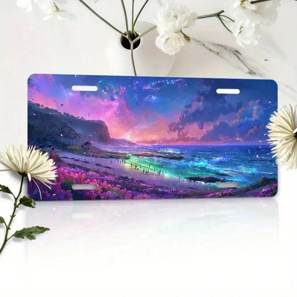 Dreamy Beach License Plate 5.9x11.8in for Car SUV Truck, 2D Flat Aluminum Auto Tag with Colorful Dazzling Light Design