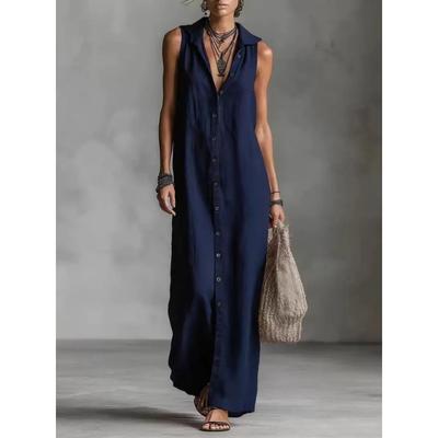 Vestido Longo de Algodão e Linho Feminino para Verão com Capuz Sem Mangas Botões Frontais Solto Casual Moda Camisa Vestido para Uso Diário Férias