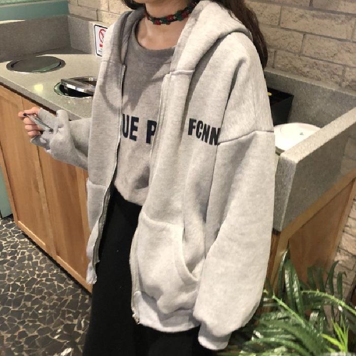 2022 Autumn/Winter Women's Korean Style Letter Print Fleece Zip-Up Hooded Cardigan