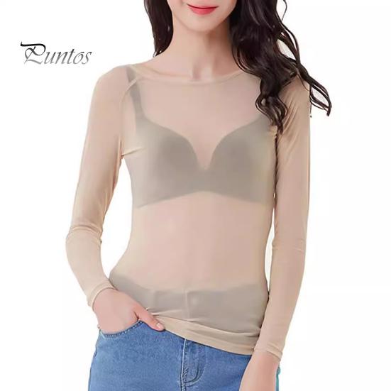 Durchsichtiges Mesh-Oberteil für Damen, O-Ausschnitt, langärmelig, schmale Passform, sexy, transparente Sonnenschutz-Gaze-Oberteile