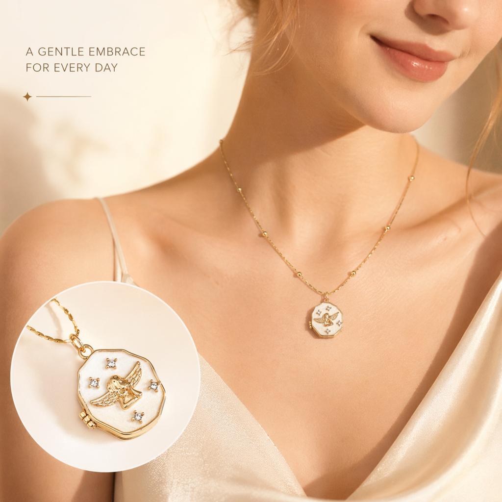 Vintage Openable Octagonal Angel Photo Locket Necklace Jewelry Gift for Women Memorial Accessory