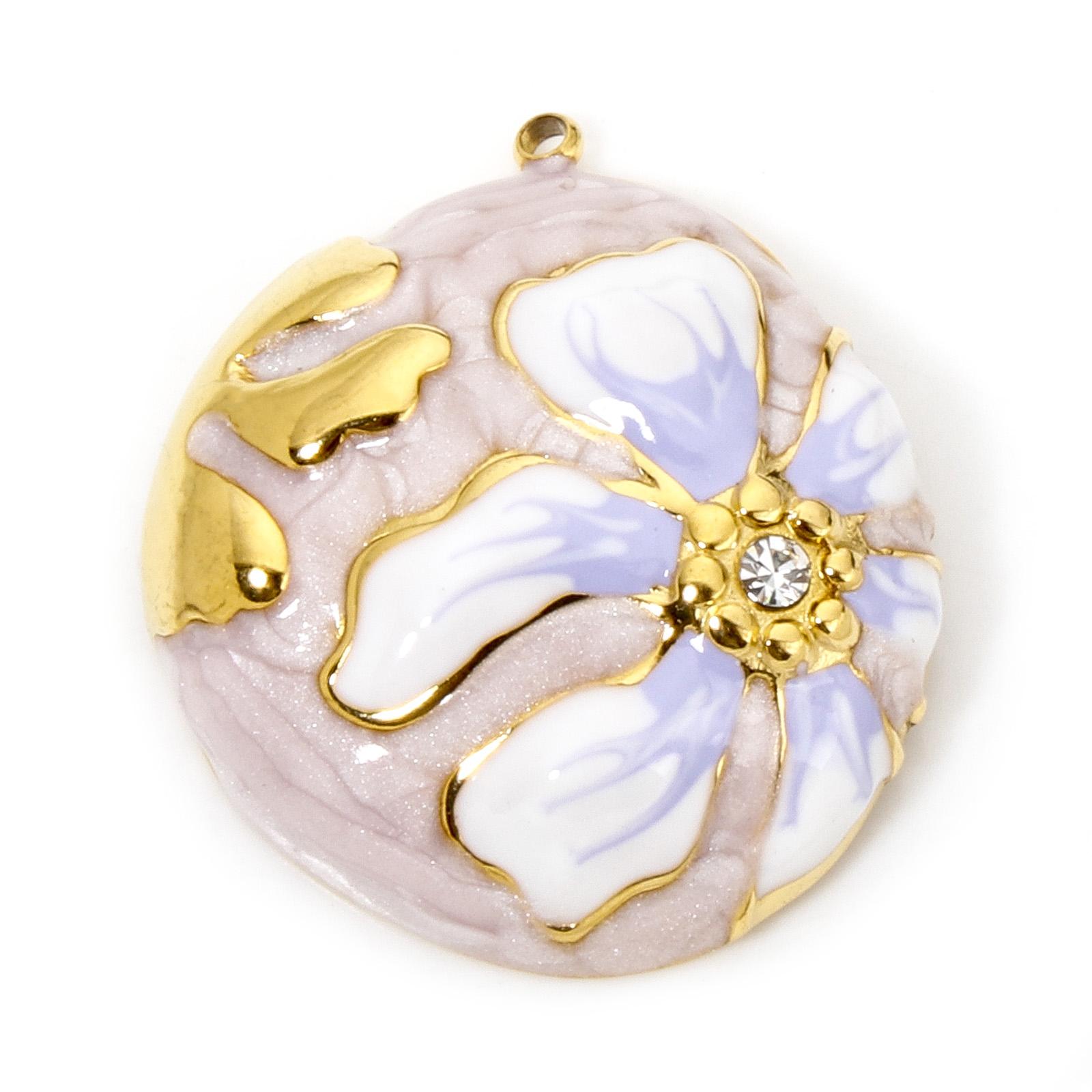 

1 Piece 304 Stainless Steel & Rhinestone Flora Collection Charmes Gold Plated Round Disc Enamel Pendants For DIY Necklace Making