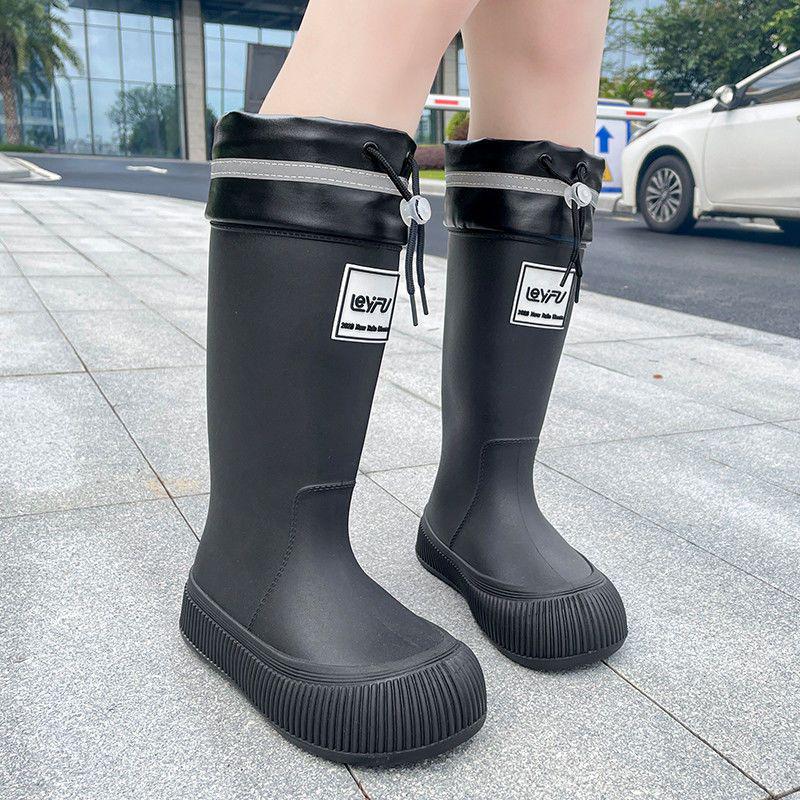 Women's High Tube Japanese Style Fleece-Lined Waterproof Rain Boots - Non-Slip, Lightweight & Wear-Resistant.