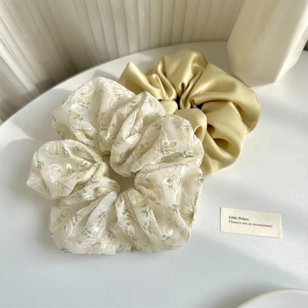 2 Stück/Set Übergroße Satin-Scrunchies Spitze Blumenstickerei Haargummis Seile Mädchen Luxus Pferdeschwanzhalter Spitze Fee Gummibänder