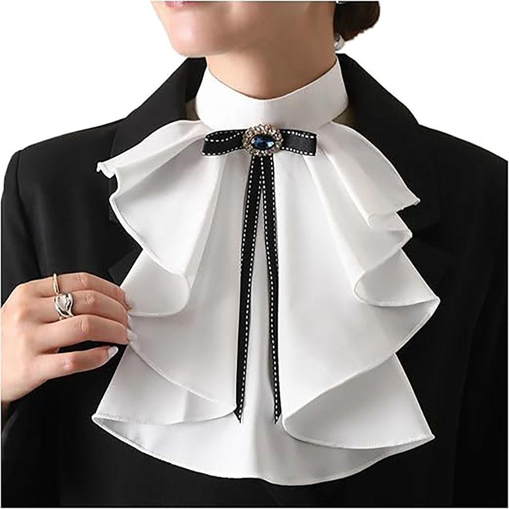 Ruffled Design Lolita Jabot Neck Crystal Decorated Detachable Jabot False Collar Chiffon Gothic Collar Victorian Theme