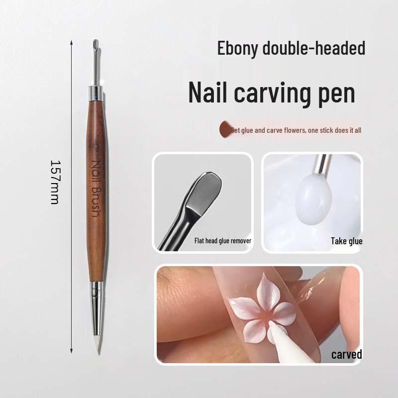 Dual-Ended Nail Art Tool: Carving, Color Mixing, Embossing, Smudging, Painting, Glue Application, Silicone Sandalwood Pen.