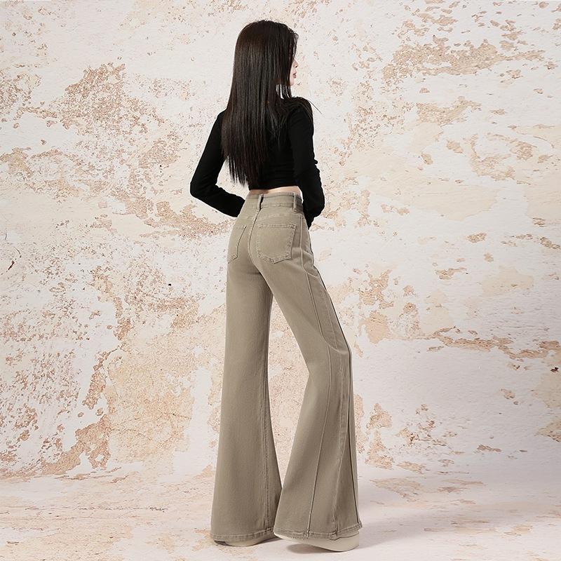 Autumn and winter new milk tea color high waist slightly pulled jeans women's thin elastic drape wide leg flared pants