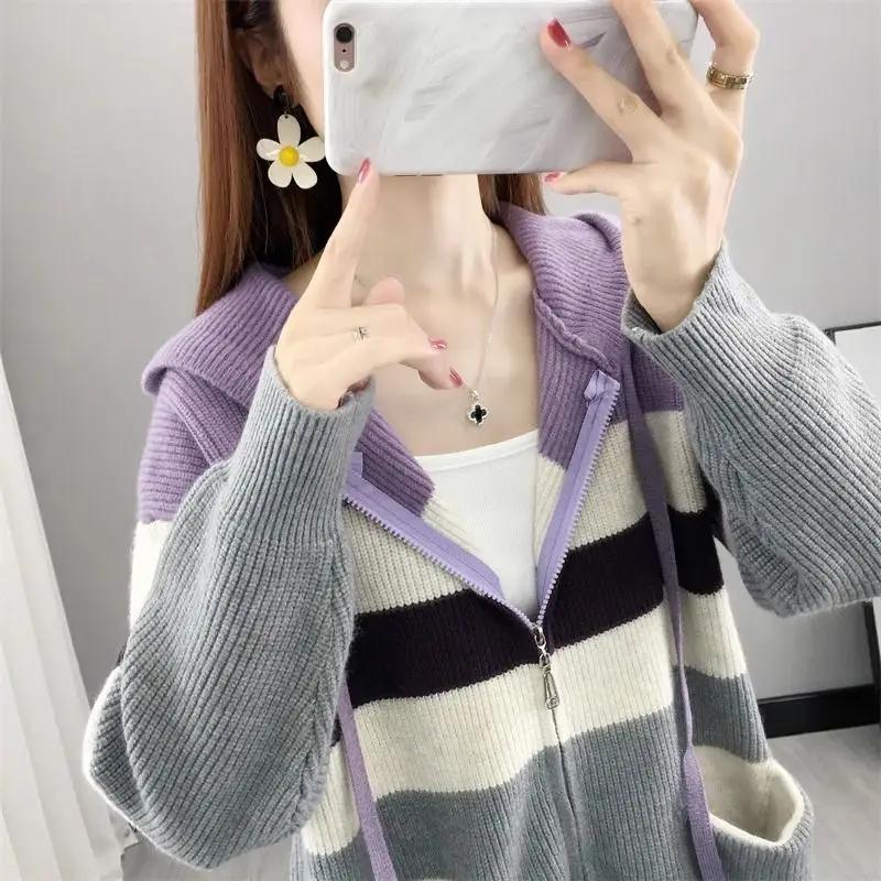 Women's Color Blocked Knit Sweater Jacket Lazy Style Casual Zipper Hooded Cardigan