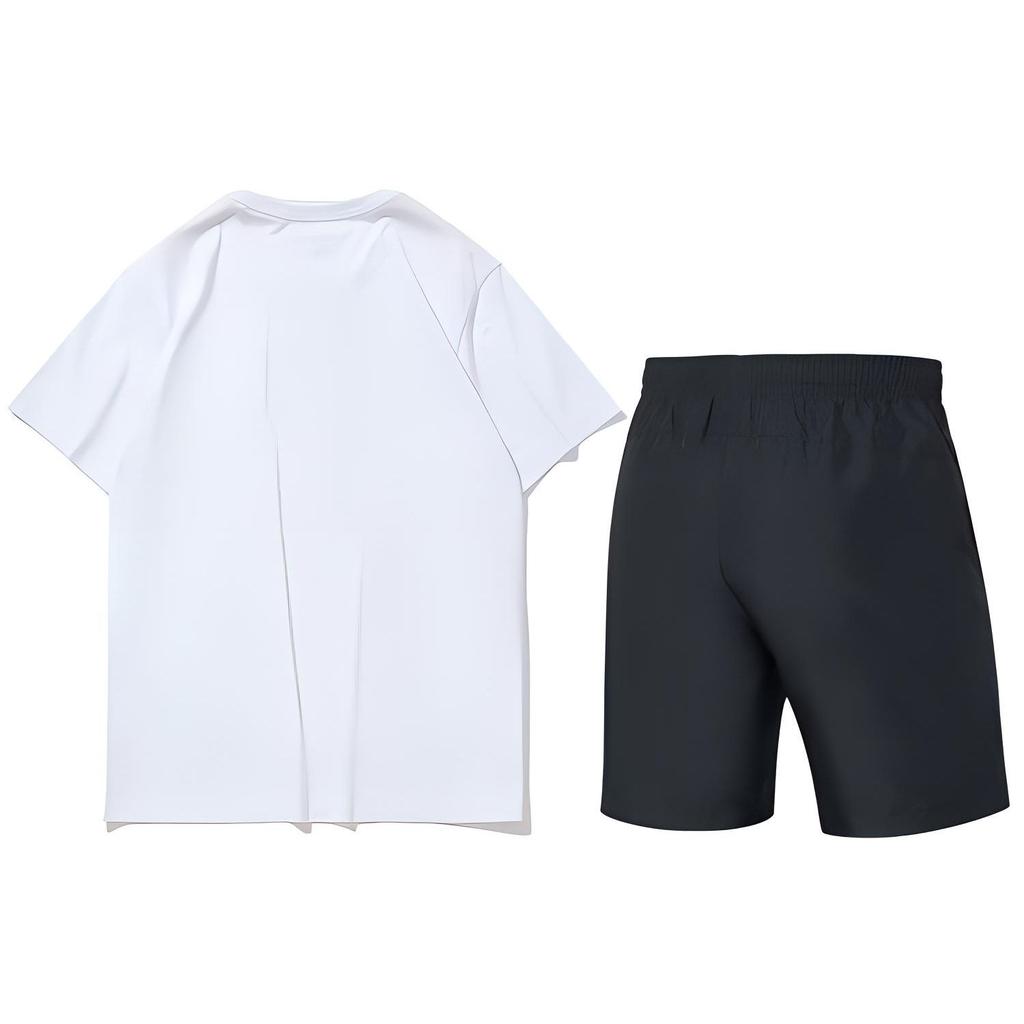Li-Ning Letter Print Short Sleeve T-Shirt Pure Color Logo Quick Dry Running Casual Sports Suit Men Tops White Black AHSP077-7+AKSS985-1