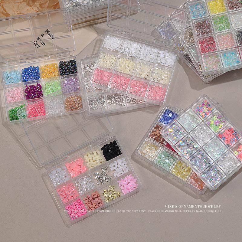 12 Grids 3D Nails Charms Mixed Special-Shaped Diamonds Flat Bottom Diamonds Pearl Sequins Butterfly Diy Manicure Parts