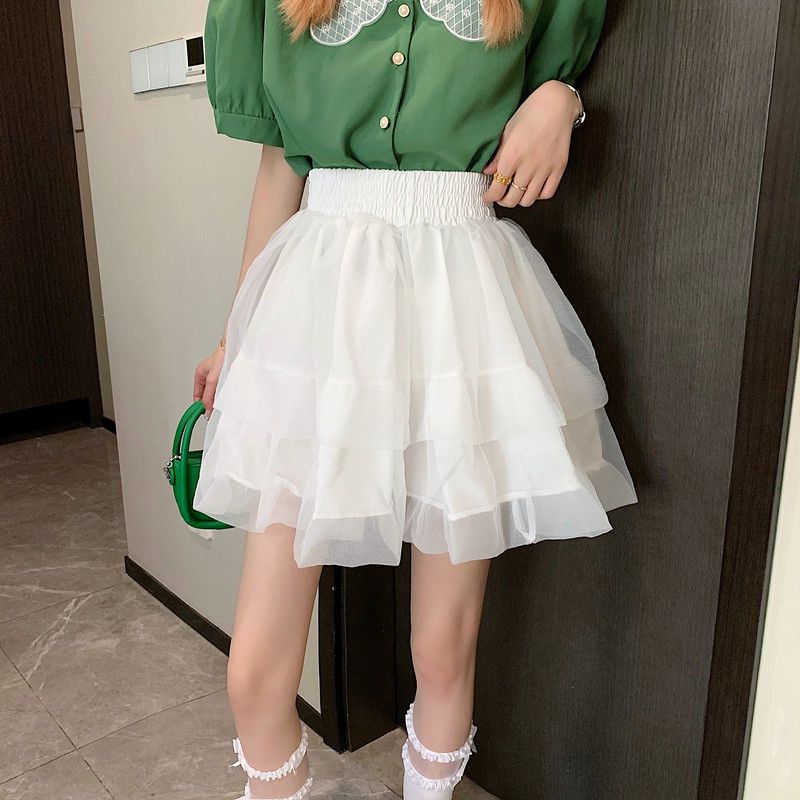 

French Tulle Puff Skirt Spring Summer High Waist Slimming A-Line Black Fairy Midi Skirt for Women XL белый