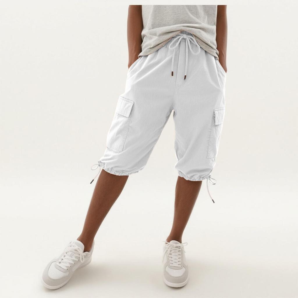 Womens Shorts Knee Length Linen Elastic Waist Drawstring Shorts Summer Pants With Pockets