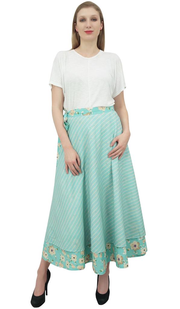 Phagun Reversible Long Wrap Skirt Floral Printed Cotton Mint Green Cover Up