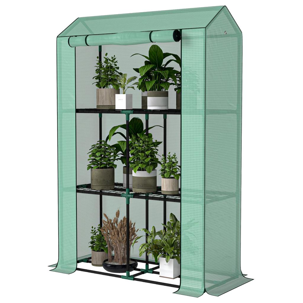 40 x 100cm Three Shelf Steel Frame Greenhouse - Green