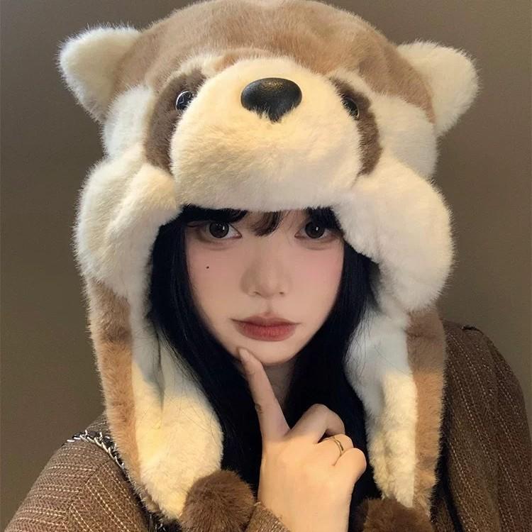 Winter Cute Cartoon Raccoon Plush Hat Female Cycling Thickened Ear Protection Hat Warm Lei Feng Hat North Cold Skiing