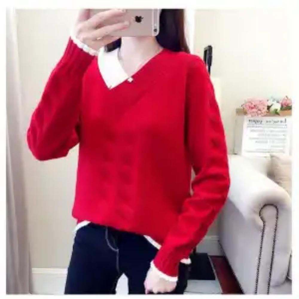 New Autumn and Winter Fashion Korean Version Lazy Style Color Blocking V-neck Plush Loose and Versatile Women's Knitted Sweater