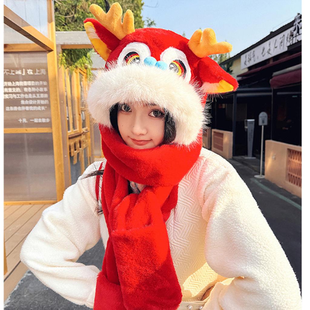 Cute New Year Dragon Head 3in1 Scarf Hat Mitten Suit Winter Earflap Hat Thicken Warmer Supplies for Women Teen Winter