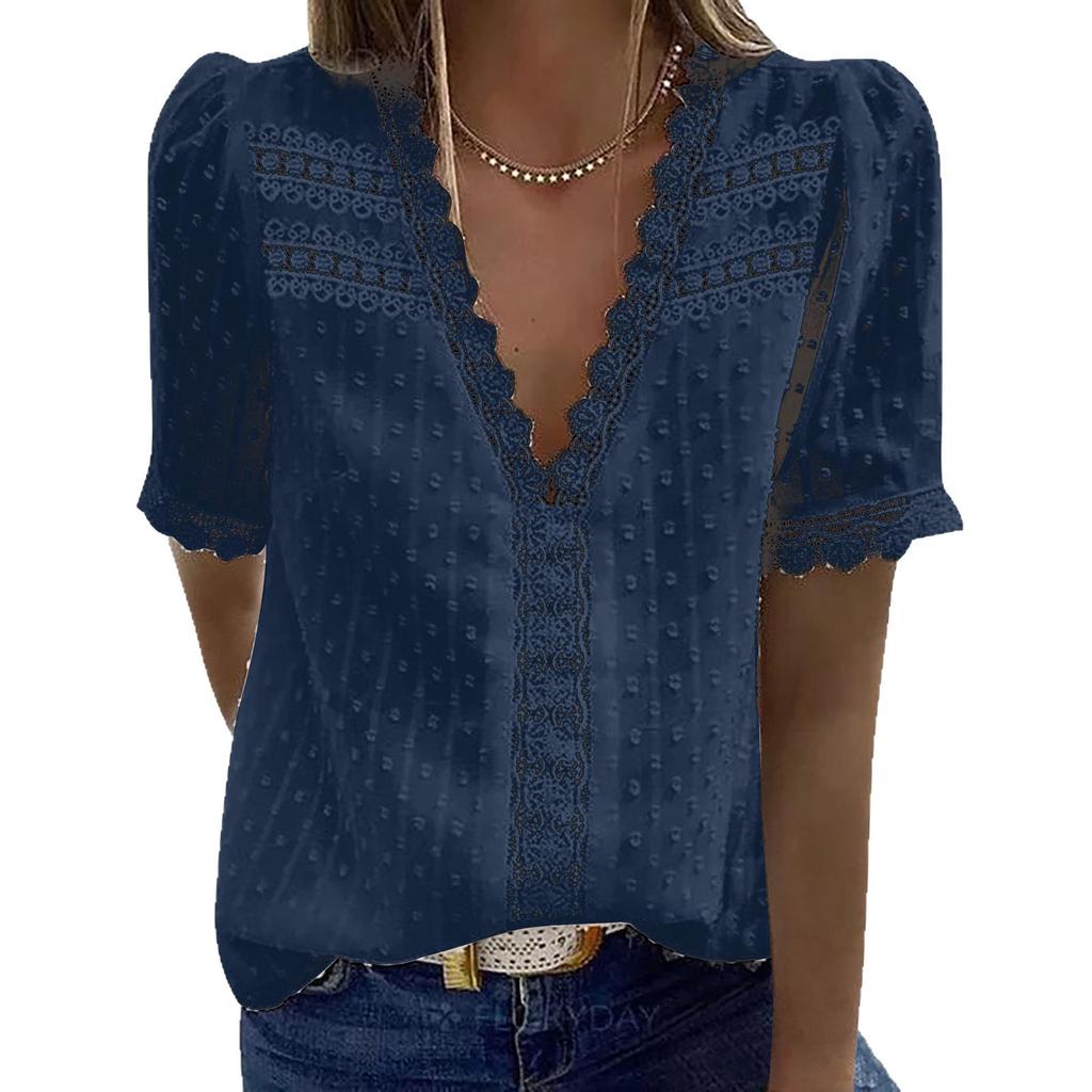 New Women's Lace Jacquard V-Neck Short Sleeve Casual T-Shirt