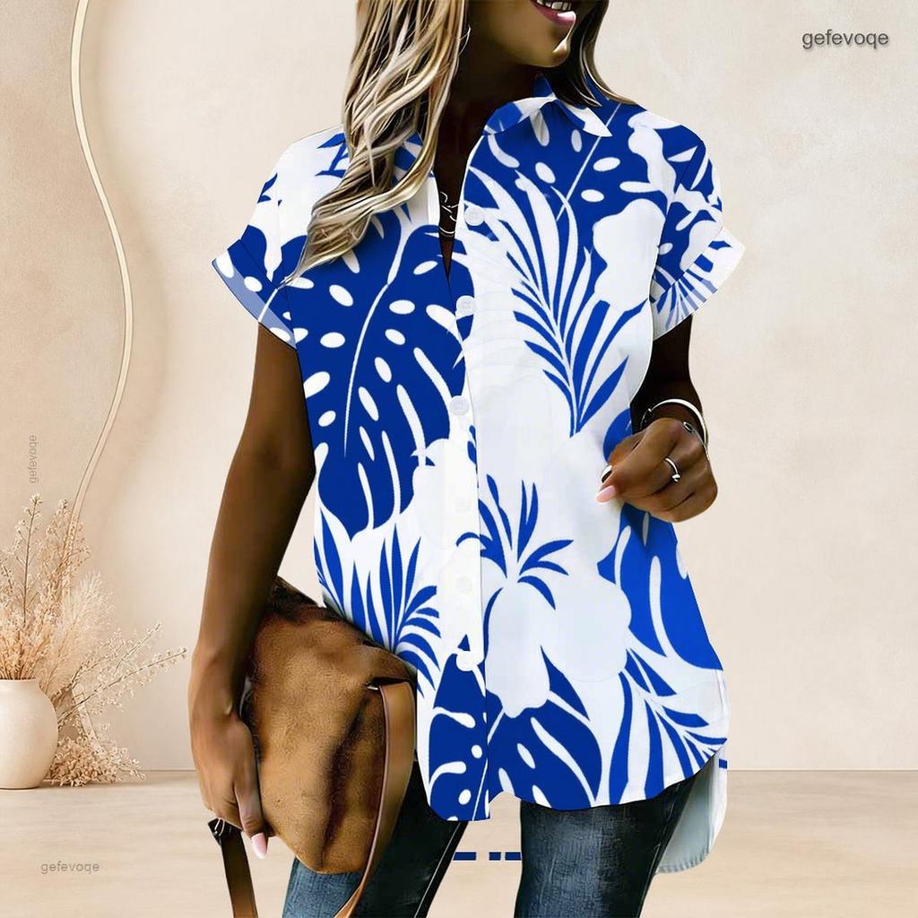 Women Plus Size Collared Neck Short Sleeve Lemon Print White Button Front High Low Curved Hem Shirt