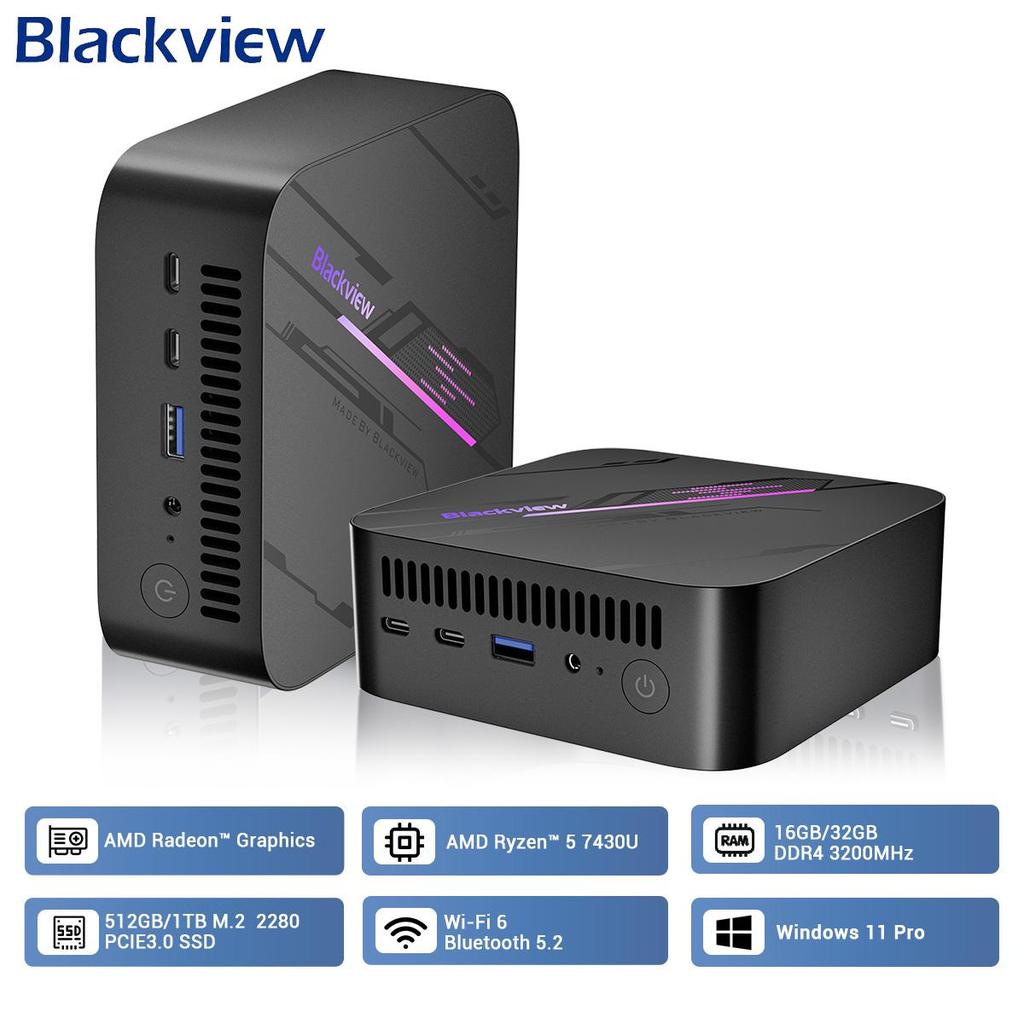 Blackview MP100 Mini PC AMD Radeon™ Graphics 7430U 6-Core 12-thread Mini PC 16GB /32GB DDR4 512GB/1TB SSD Mini Computador PC